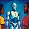 Two people facing a humanoid robot in a futuristic cityscape, symbolizing questions about the future of generative AI.