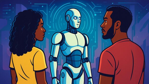 Two people facing a humanoid robot in a futuristic cityscape, symbolizing questions about the future of generative AI.