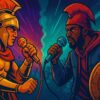Vibrant digital illustration of Achilles and Hector in a rap battle, mixing ancient Greek armor and hip-hop style to show Homer's Iliad as a rap battle.