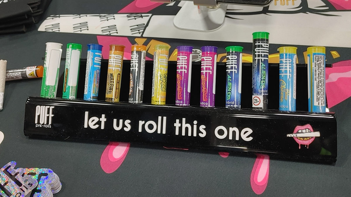 Various types of pre-rolled cannabis products on display at the Revelry Cannabis Festival