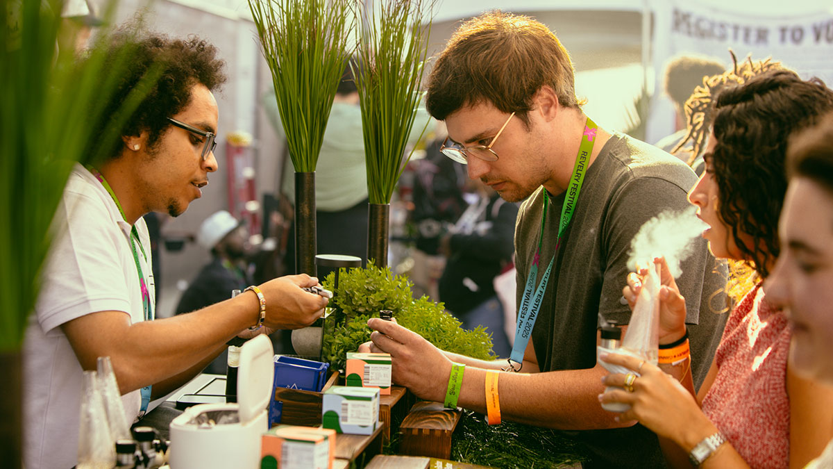 Various types of pre-rolled cannabis products on display at the Revelry Cannabis Festival