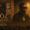 Digital illustration of rapper R.O.Z performing on stage in sunglasses with a vibrant crowd, beside a brick wall poster for the R.O.Z & Friends 15th Anniversary concert in Winnipeg.