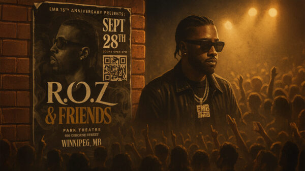 Digital illustration of rapper R.O.Z performing on stage in sunglasses with a vibrant crowd, beside a brick wall poster for the R.O.Z & Friends 15th Anniversary concert in Winnipeg.