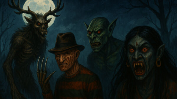 Digital illustration of global horror folklore featuring the Wendigo, Freddy Krueger, and mythical creatures from Africa and South Asia under a haunting moonlight scene.