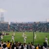 Fans watching players warm up on the field at a Japanese baseball stadium, capturing the atmosphere and excitement surrounding the MLB Japan Series.