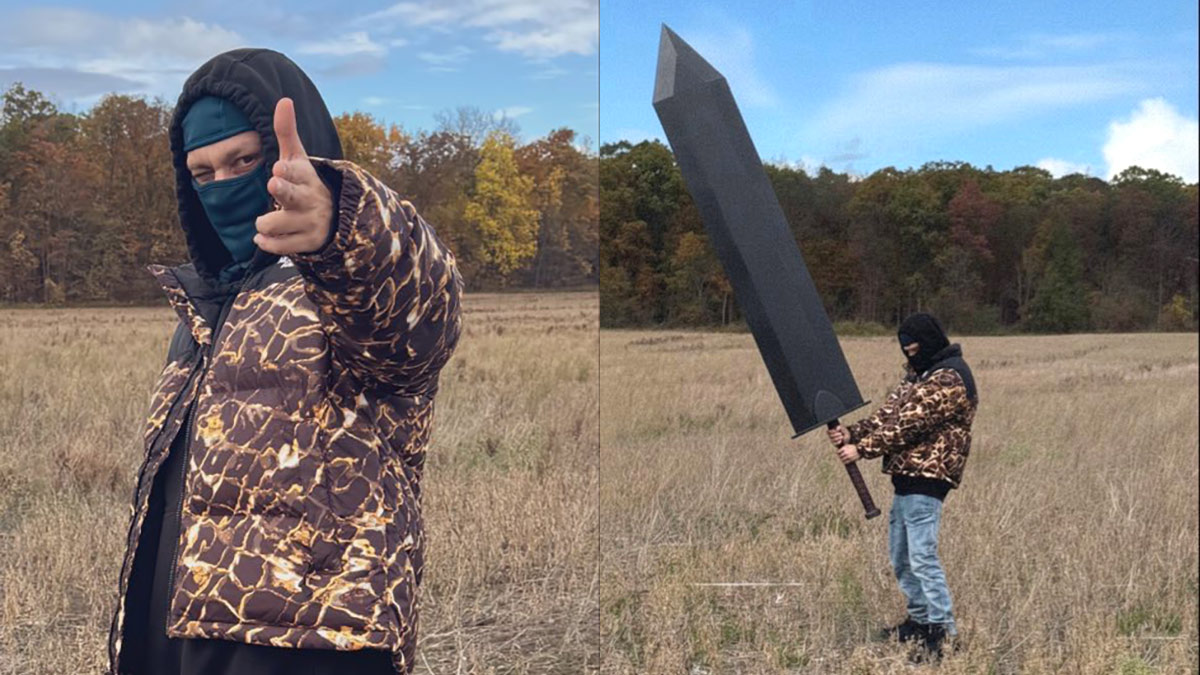 A split image, with one side featuring rapper Sayzee pointing at the camera, and in the other Sayzee faces away from the camera, holding a large object, as promo for his I Spit On Your Grave mixtape.