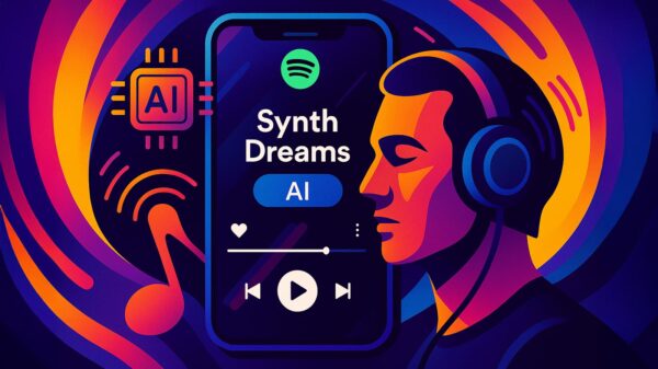 Vibrant digital illustration showing Spotify app with AI music label, symbolizing the rise of AI music and changing ways we listen.