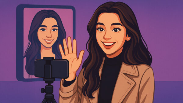 Digital illustration of AI-generated influencer Tilly Norwood creating a social media video, symbolizing the future of AI-generated creativity.