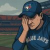 A man wearing a Blue Jays jersey and hat holds his head in his hand, highlighting the grief that fans are feeling after losing the World Series in seven games.