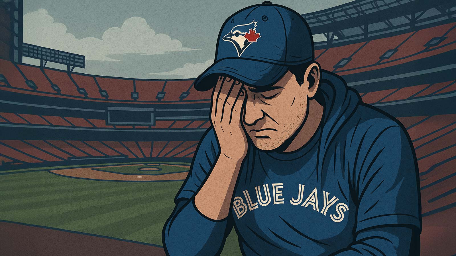 A man wearing a Blue Jays jersey and hat holds his head in his hand, highlighting the grief that fans are feeling after losing the World Series in seven games.