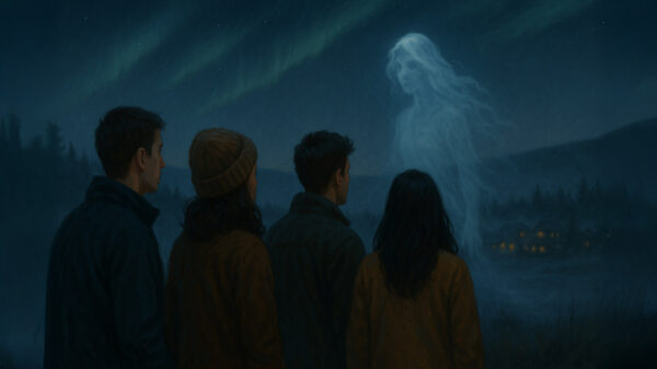 A group of Canadians stand under northern lights watching a faint ghostly figure appear in the mist, illustrating how Canadians believe in ghosts.