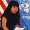 A digital illustration of Nicki Minaj delivering a speech at the UN.