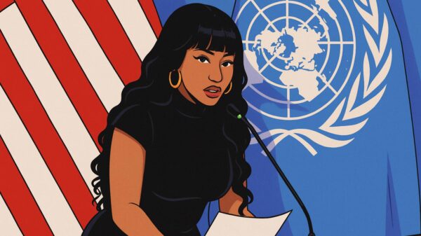 A digital illustration of Nicki Minaj delivering a speech at the UN.