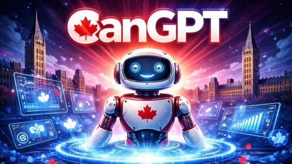 Digital illustration of a Canadian-themed artificial intelligence system symbolizing public AI in Canada, with Parliament buildings and data interfaces representing a national AI alternative.