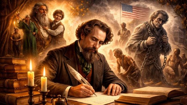 Digital illustration of Charles Dickens writing A Christmas Carol, with symbolic imagery reflecting themes of compassion and anti-slavery in the context of Victorian Britain and the American Civil War.