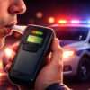 Digital illustration of a driver blowing into a breathalyzer during a nighttime traffic stop, symbolizing the impact of cannabis legalization on drunk driving enforcement.