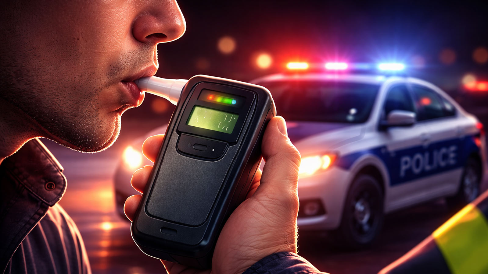 Digital illustration of a driver blowing into a breathalyzer during a nighttime traffic stop, symbolizing the impact of cannabis legalization on drunk driving enforcement.