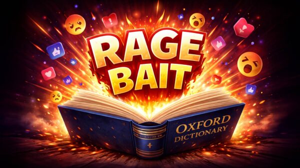 Digital illustration of the words Rage Bait erupting from an open Oxford Dictionary, surrounded by angry emojis and social media icons symbolizing online outrage.
