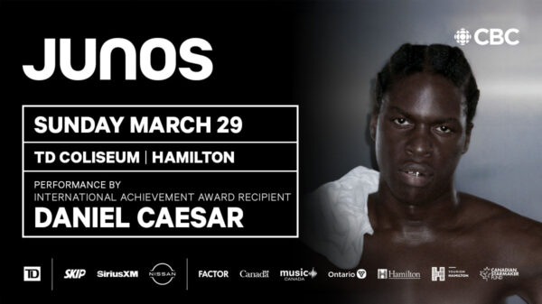 Daniel Caesar featured as the JUNO International Achievement Award recipient and performer at the 2026 JUNO Awards.