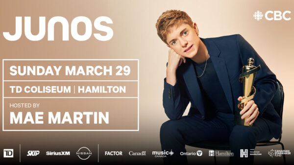 A promotional image for Mae Martin being announced as the host of the 2026 JUNO Awards.