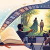 Modern digital illustration showing a book transforming into a film set, representing how book to film adaptations reimagine stories on screen.