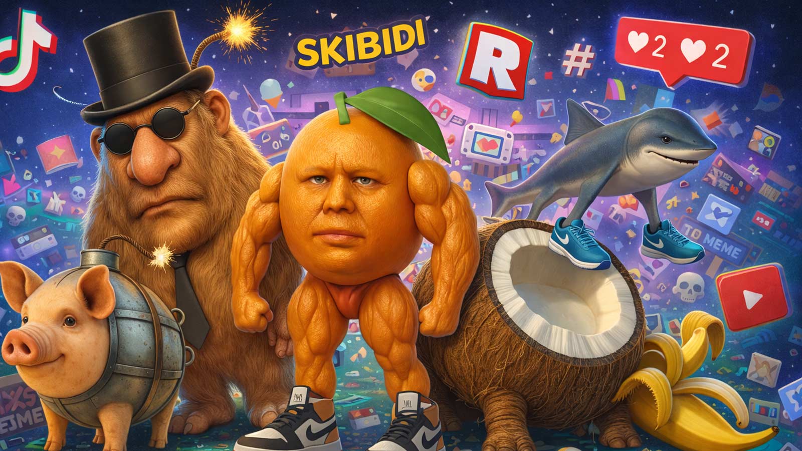 Illustration showing playful brainrot characters to explain how brainrot and children interact with modern internet culture.