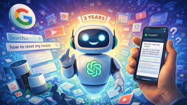 Illustration showing the ChatGPT effect, with a friendly AI chatbot surrounded by phones, computers and digital icons to represent how online searching has changed.