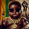 A baby wearing a chain and holding a fork in the album artwork for Errol Eats Everything.