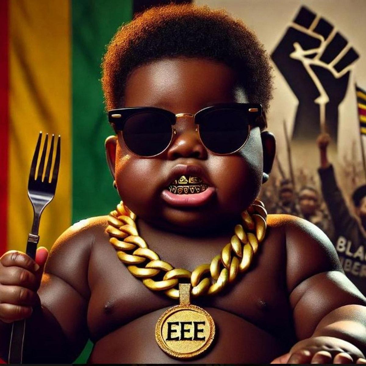 A baby wearing a chain and holding a fork in the album artwork for Errol Eats Everything.