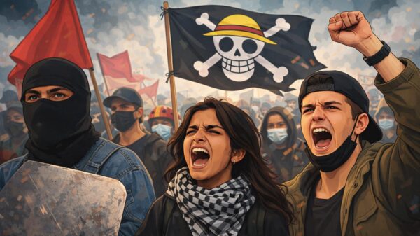 Digital illustration of Generation Z protests, showing young activists marching and shouting with flags and crowds behind them.
