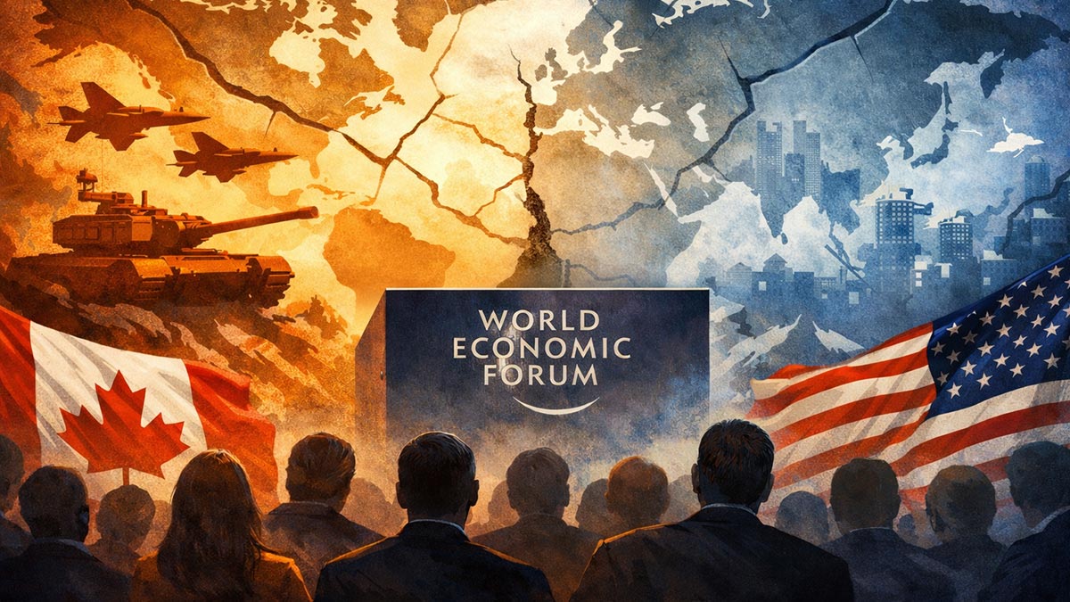 Digital illustration inspired by the Mark Carney speech in Davos, with Canadian and US imagery and a divided world map.
