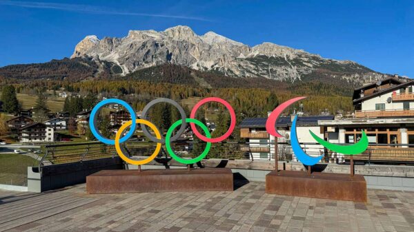 Olympic and Paralympic Symbols in Cortina d'Ampezzo, Italy, ahead of the 2026 Winter Olympics.