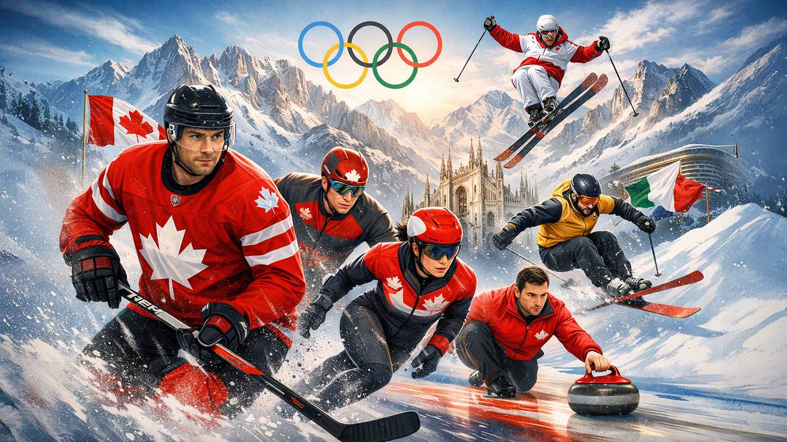 Canada 2026 Winter Olympics medal hopefuls in hockey, curling, speed skating and freestyle skiing competing in a dynamic winter sports illustration set in Italy’s mountains.
