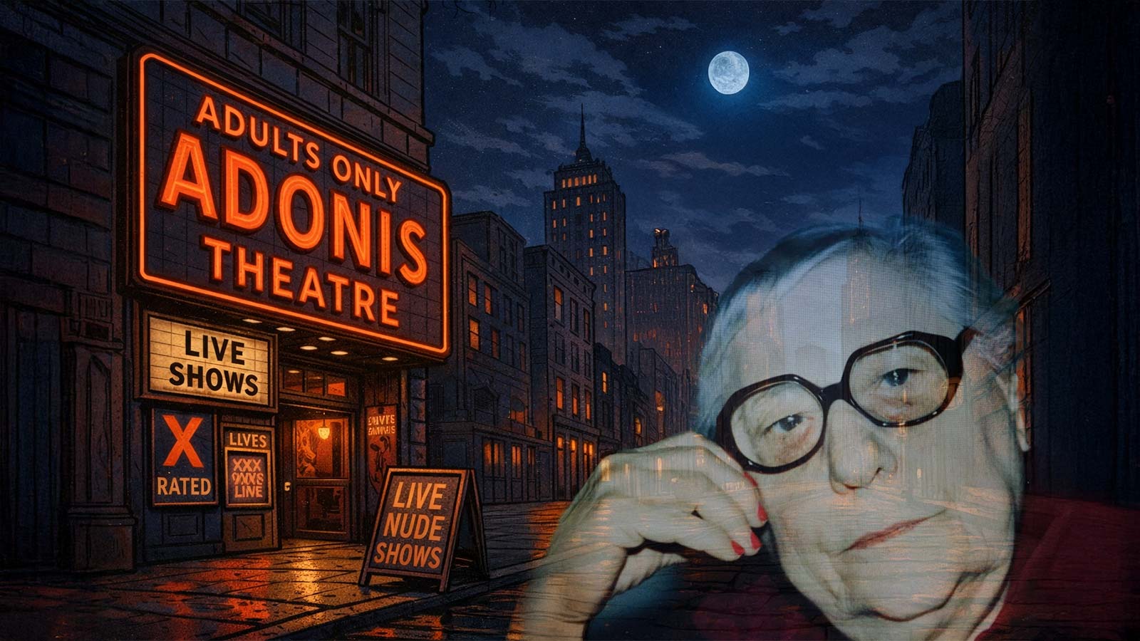 An image of Chelly Wilson superimposed over 1970s Times Square in NYC.