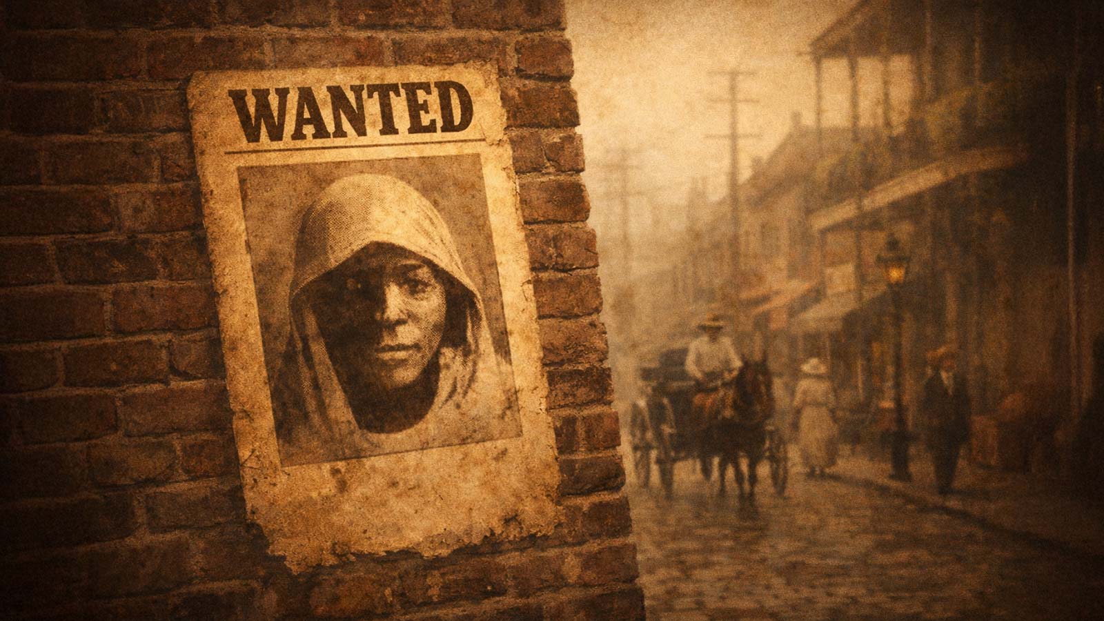 Digital illustration of a Jim Crow era Louisiana street with a WANTED poster of Clementine Barnabet on a weathered brick wall.