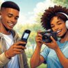 Modern comic-style illustration of Gen Z youth using flip phones and a digital camera as they unplug from smartphones and embrace digital detox habits.