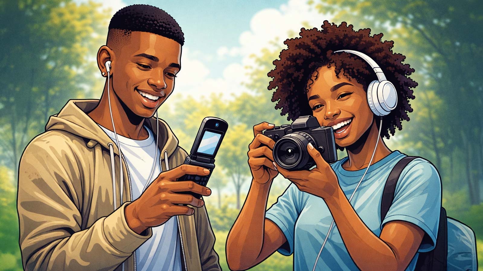 Modern comic-style illustration of Gen Z youth using flip phones and a digital camera as they unplug from smartphones and embrace digital detox habits.