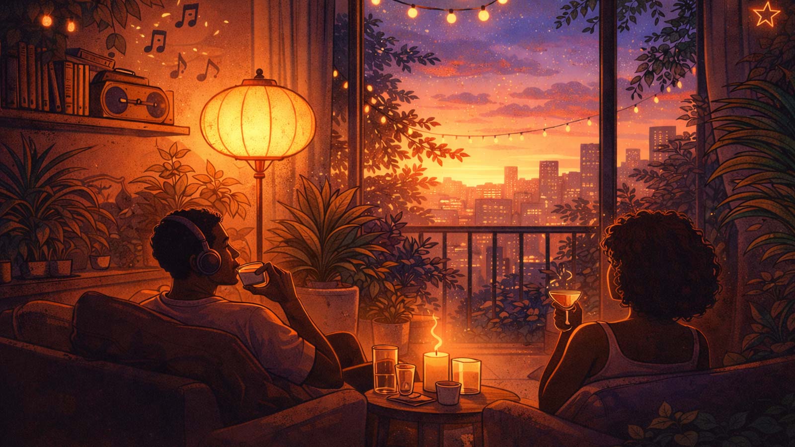 Warm sunset scene of two people in a cozy apartment, visualizing the meaning of vibe as a shared emotional atmosphere.