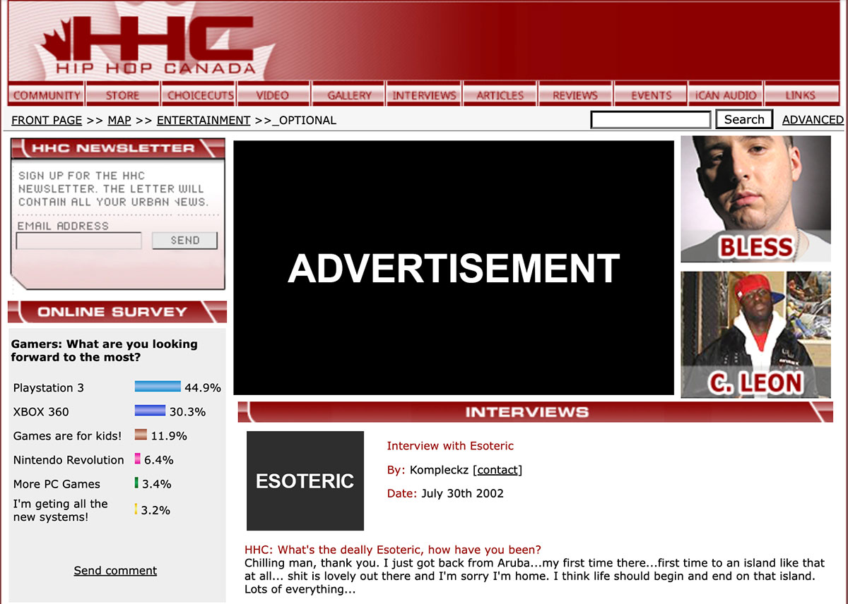 A screengrab of the Esoteric interview on HipHopCanada on the 2002 version of the website.