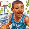 Caricature illustration of Muggsy Bogues, the shortest player in NBA history, dribbling a basketball in a Charlotte jersey with office charts and dollar signs in the background.