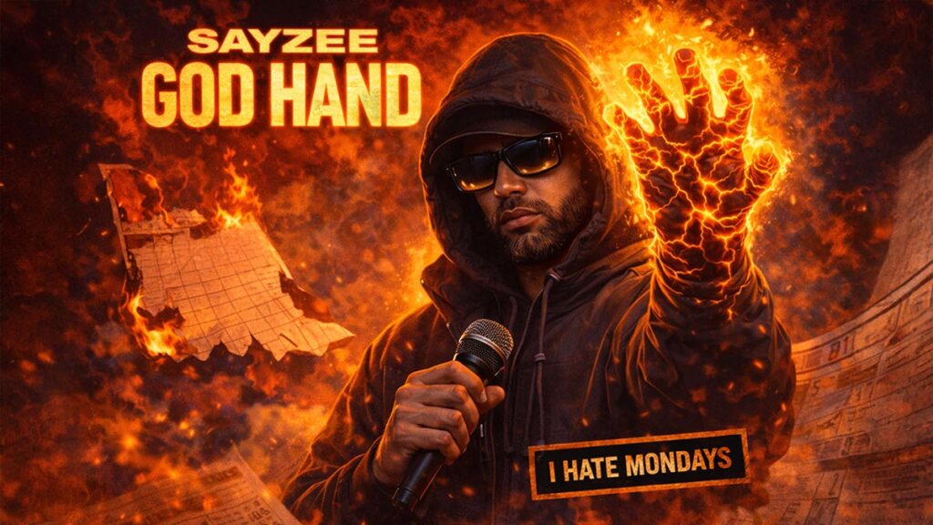 Sayzee reveals a fire-like God Hand on a promotional image for his new single produced by Sibbs Roc.