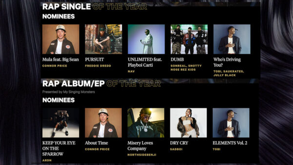 JUNO Awards 2026 graphic highlighting Rap Single and Rap Album nominees in the Canadian music industry.
