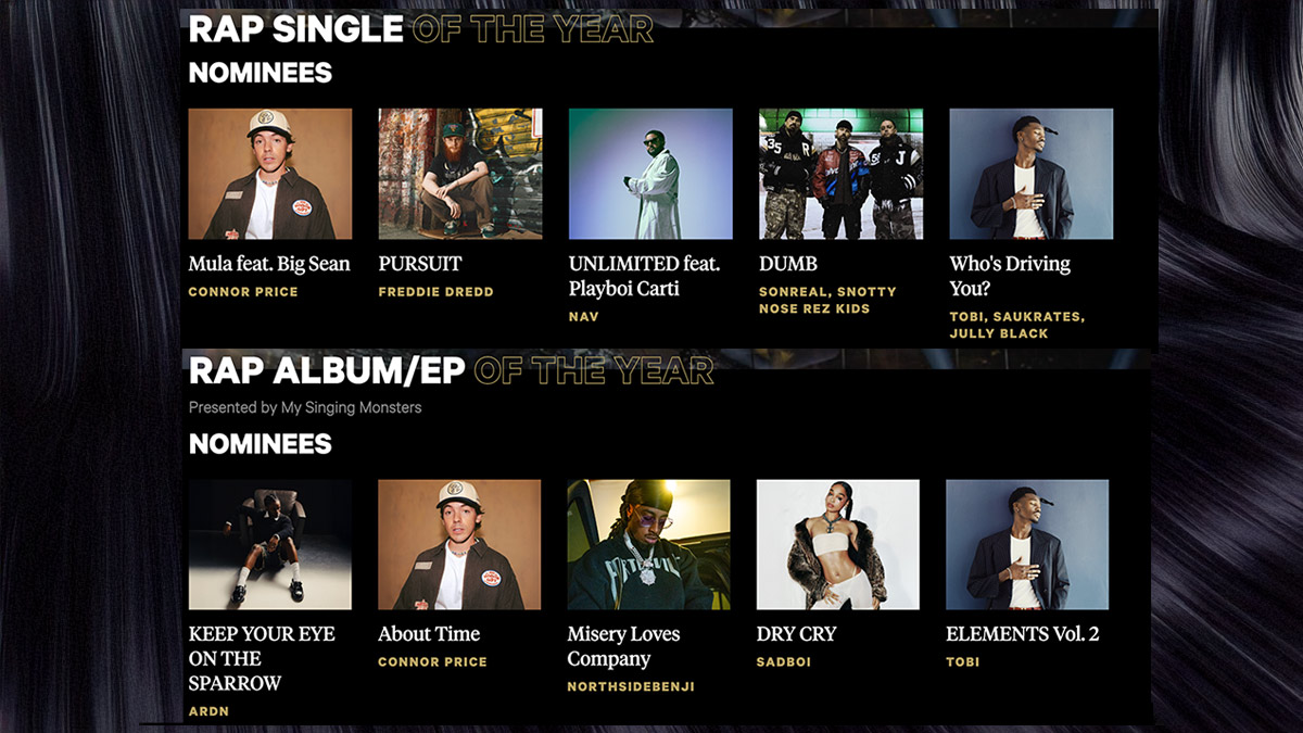 JUNO Awards 2026 graphic highlighting Rap Single and Rap Album nominees in the Canadian music industry.