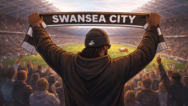A digital illustration of rapper Snoop Dogg holding up a Swansea City banner while attending a game.