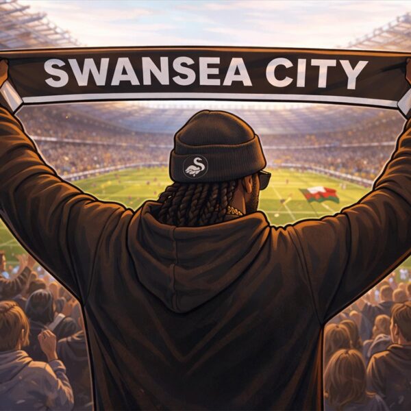 A digital illustration of rapper Snoop Dogg holding up a Swansea City banner while attending a game.