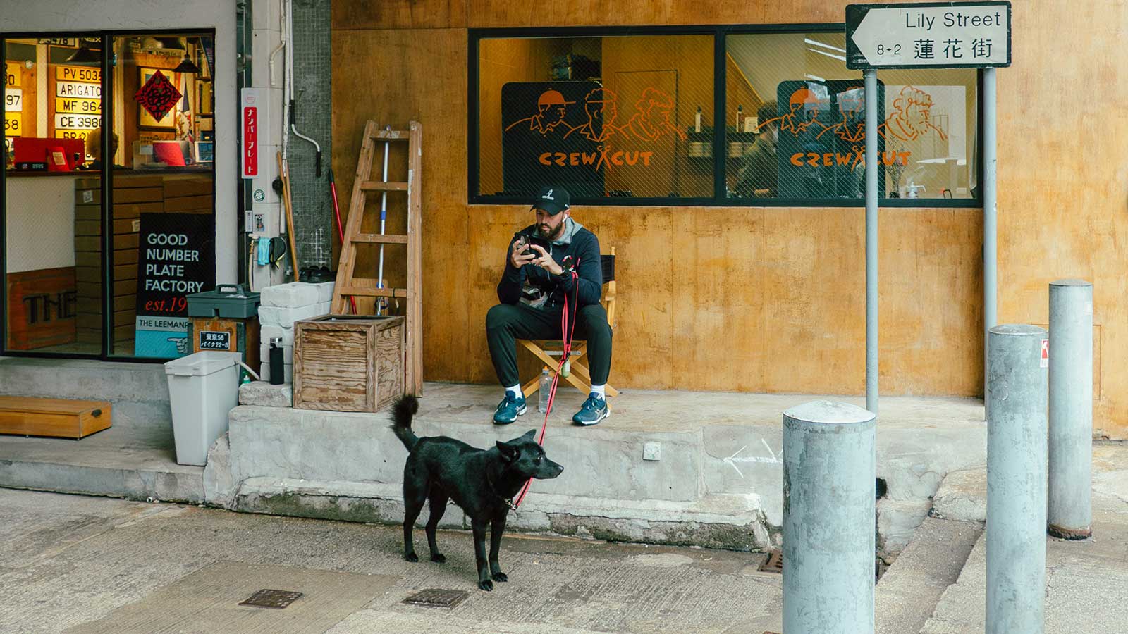 Man and dog on Hong Kong street illustrating Pets and their People exhibition theme.
