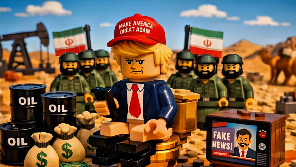 Lego-style illustration from Iran AI rap propaganda showing Donald Trump surrounded by oil barrels, money bags and Iranian soldiers in desert scene.