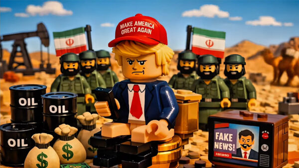 Lego-style illustration from Iran AI rap propaganda showing Donald Trump surrounded by oil barrels, money bags and Iranian soldiers in desert scene.
