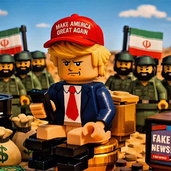 Lego-style illustration from Iran AI rap propaganda showing Donald Trump surrounded by oil barrels, money bags and Iranian soldiers in desert scene.