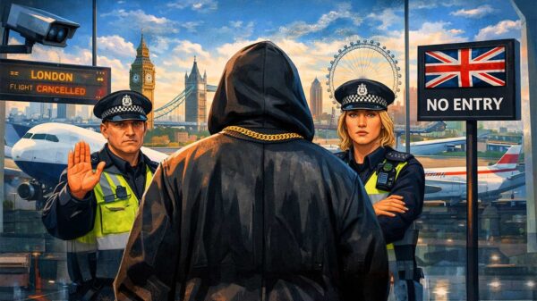 Illustration of Ye from behind at Heathrow Airport after Kanye West banned UK decision, with British border officers blocking entry and London skyline in background.